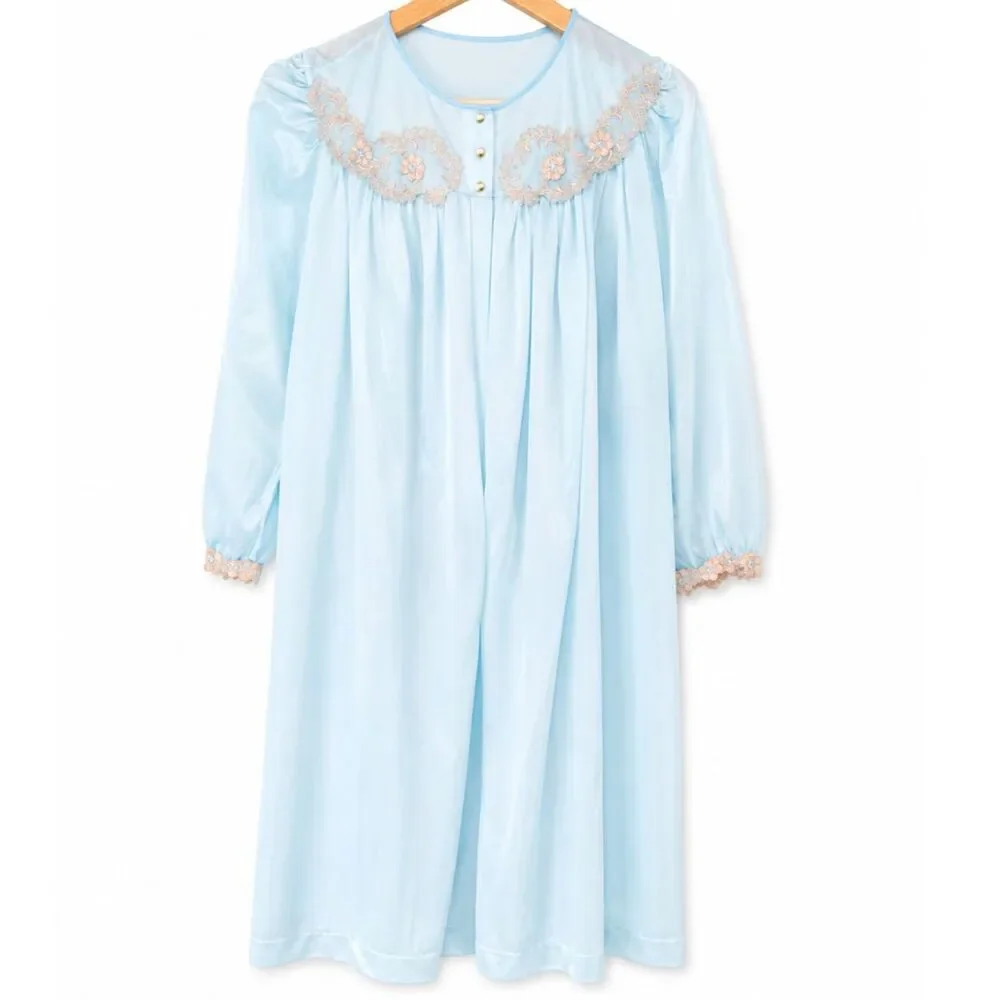 Vintage Pinehurst Blue Peignoir Set w/ Embroidered Lace Trim Med Robe Nightgown